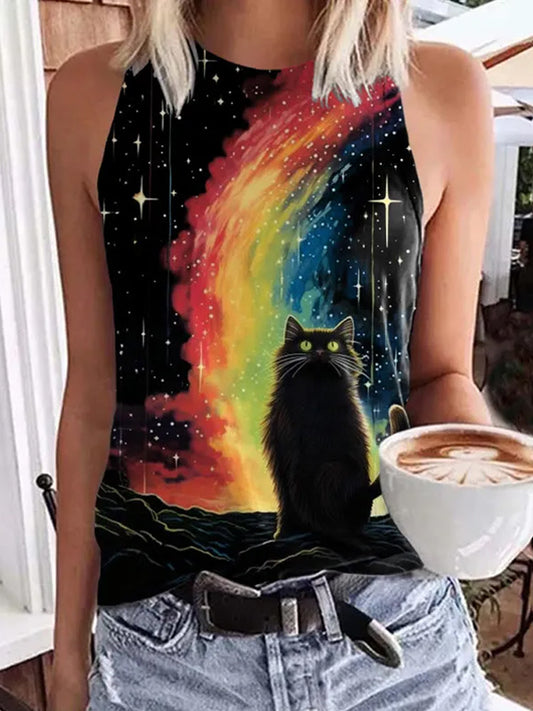 Comstylish Women's Black Cat Under Rainbow And Stars Print Tank Top