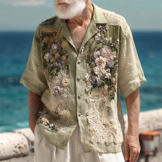 Vintage Boho Lace Floral Art Men's Linen Short Sleeve Shirt artswardrobe