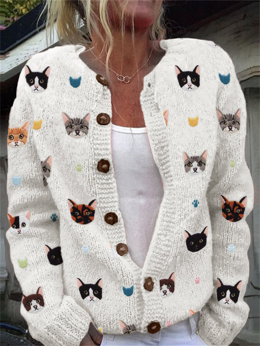 Cats & Paw Prints Embroidered Cozy Knit Cardigan elevenforest