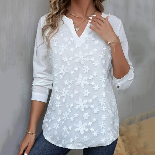 Elegant Lace Embroidery Art Long Sleeve V-neck Shirt artswardrobe