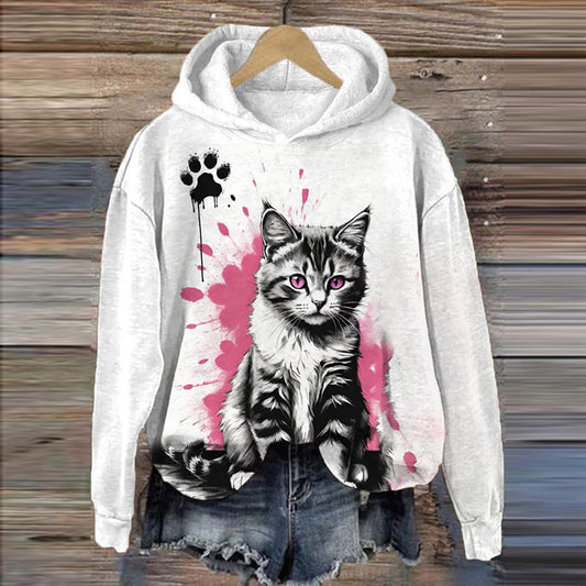 Women's Cute Cat Printed Hooded Sweatshirt elevenforest