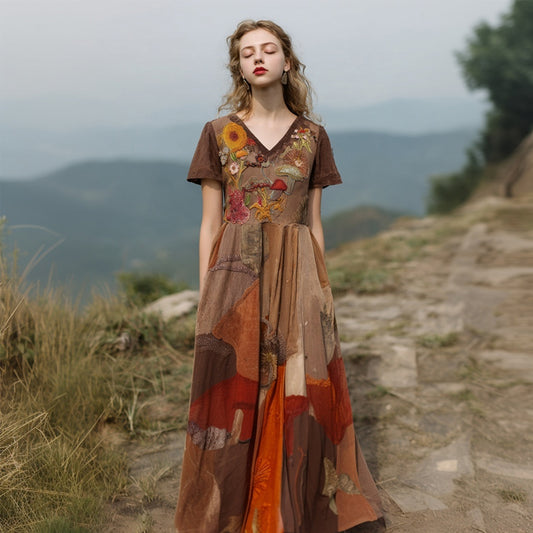 Floral & Mushroom Embroidered Patchwork Linen Maxi Dress artswardrobe