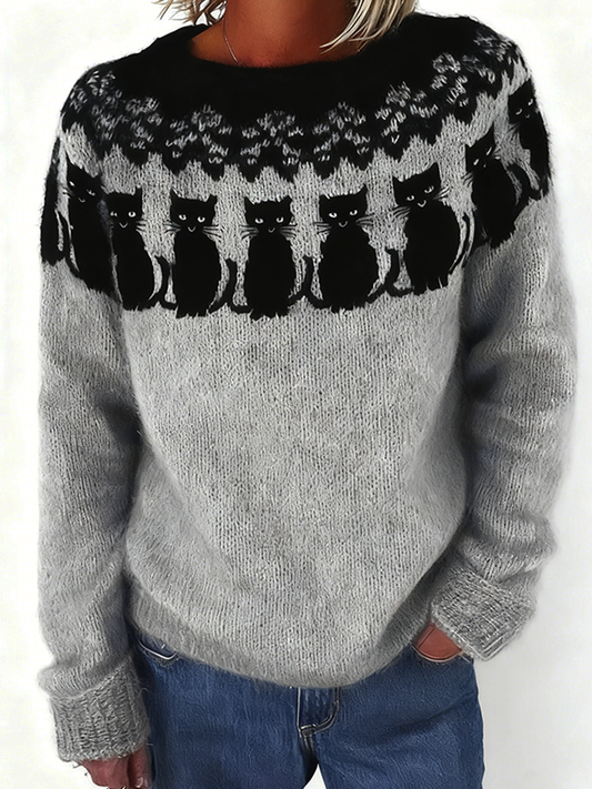 Comstylish Retro Cute Cat Pattern Women's Round Neck Knitted Sweater