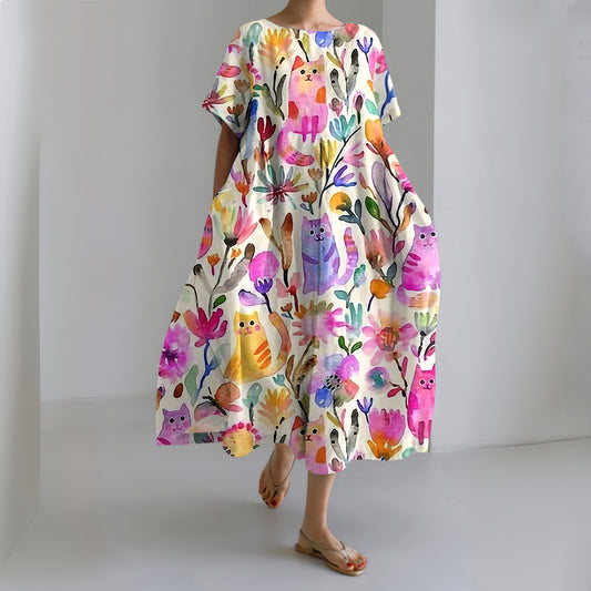 Women's Vintage Floral Cat Art Crew Neck Dress