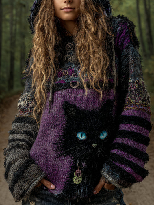 Comstylish Women's Halloween Cat Embroidery Patchwork Vintage Hooded Sweater