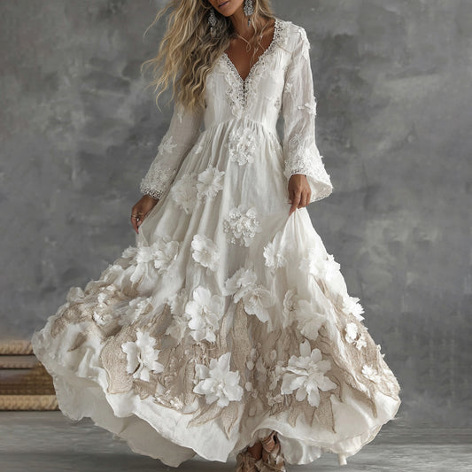 Comstylish Women's Vintage Flowers Embroidery Art V-neck Maxi Dress