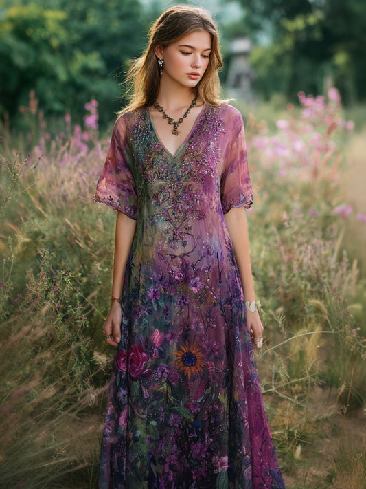 Boho Vintage Floral Pattern V Neck Linen Maxi Dress artswardrobe