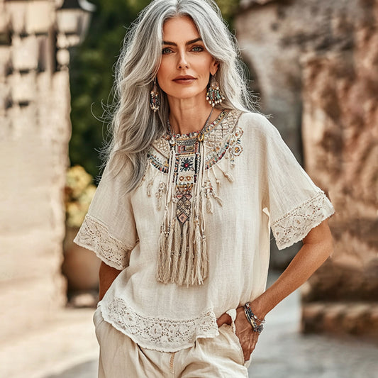 Comstylish Vintage Vintahe Tribal Pattern Lace Art Casual Shirt