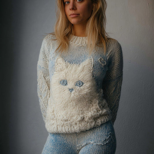 Comstylish Cute Cat Face Embroidered Dyed Cozy Knit Sweater