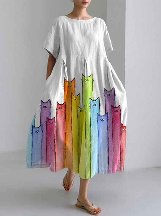 Cute Cats Watercolor Art Print Cotton Linen Dress