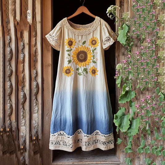 Ukrainian Sunflower Gradient Cozy Midi Dress artswardrobe