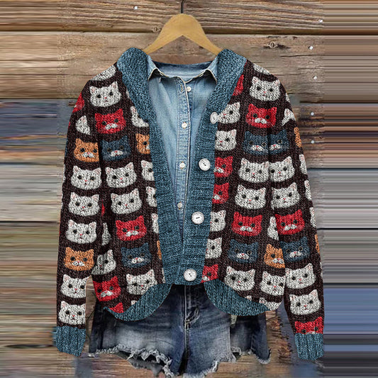 Vintage Color Block Cat Pattern Cozy Button Cardigan Sweater elevenforest