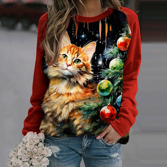 Christmas Cat Print Crew Neck Sweatshirt elevenforest
