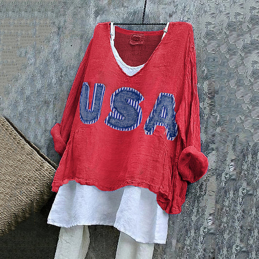 Women's Usa Stripe Applique Art Linen V-neck Shirt artswardrobe