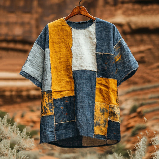 Men's Contrast Color Patchwork Linen T-shirt artswardrobe