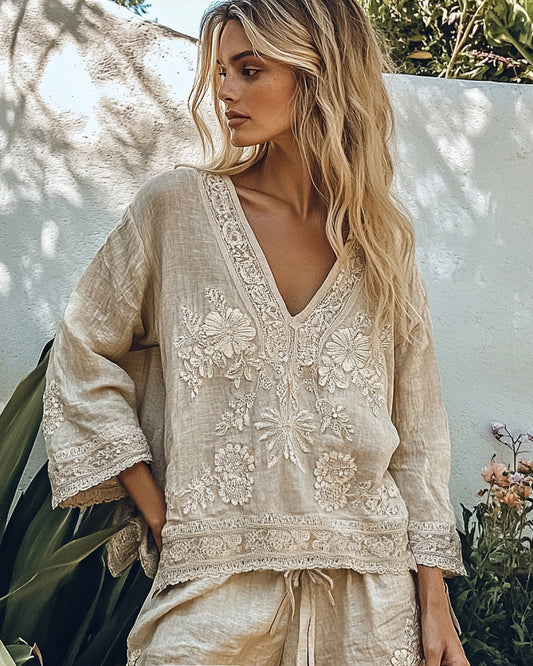 Vintage Floral Embroidery Art Cotton Linen Casual Shirt artswardrobe