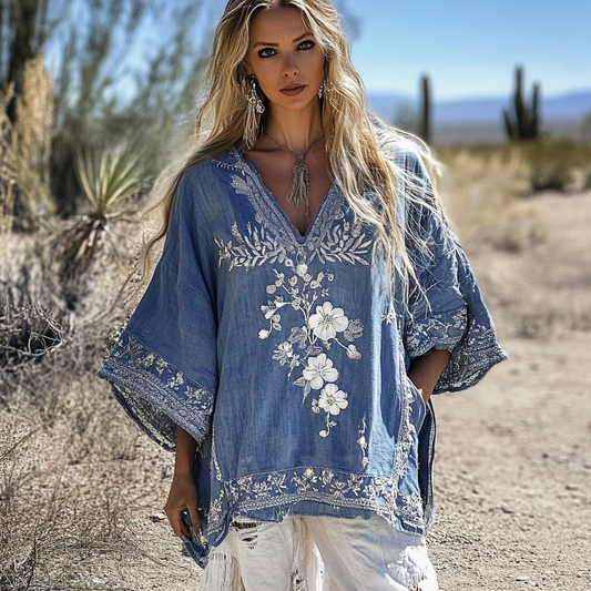 Vintage Bohemian Floral Embroidered Denim Shirt artswardrobe
