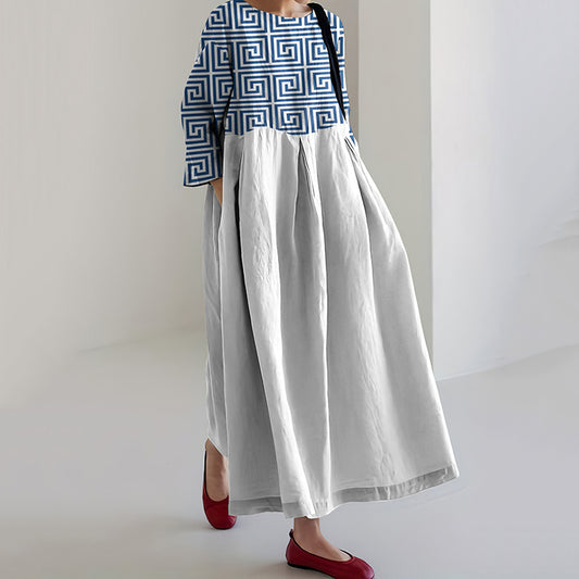 Greek Key Color Block Print Crew Neck Loose Midi Dress artswardrobe