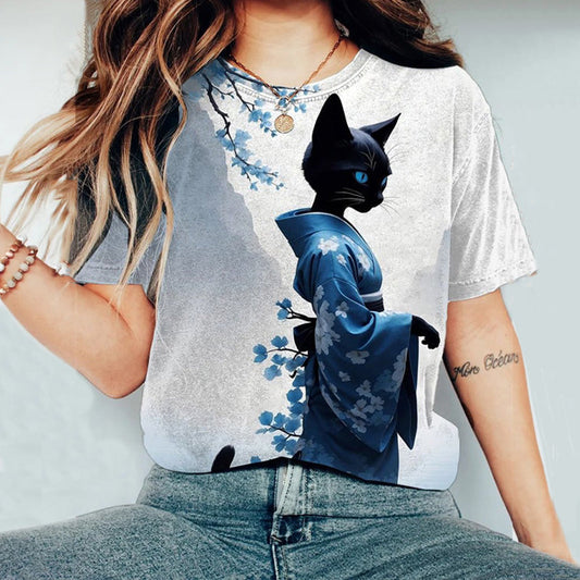 Vintage Elegant Sakura Kimono Cat Japanese Art Round Neck Short Sleeve T-Shirt elevenforest