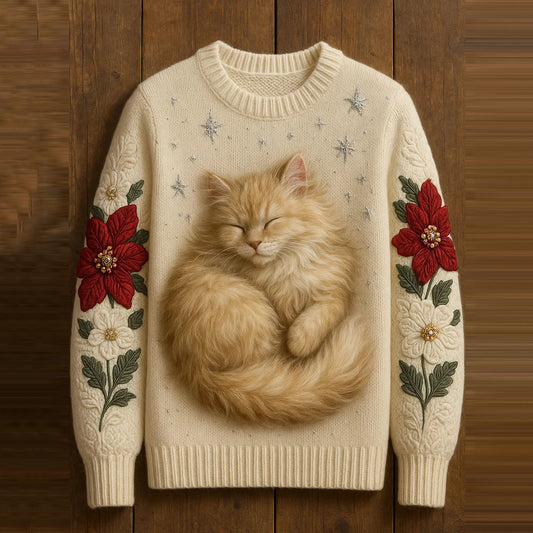 Women's Cute Sleep Cat With Floral Art Knitted Warm Sweater elevenforest