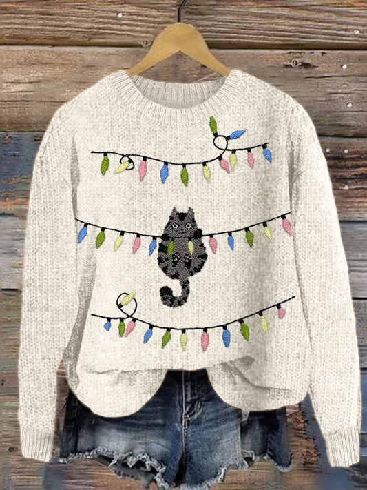 Christmas Lights Cat Embroidery Cozy Knit Sweater elevenforest