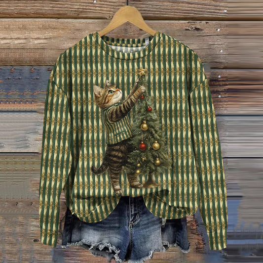 Comstylish Women's Cat Themed Christmas Tree Pattern Sweatshirt