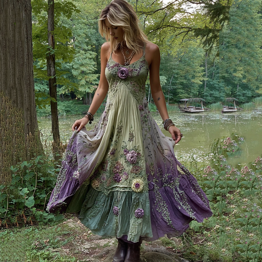 Vintage Classy Gradient Purple Lavender And Floral Embroidered Linen Suspender Long Dress artswardrobe