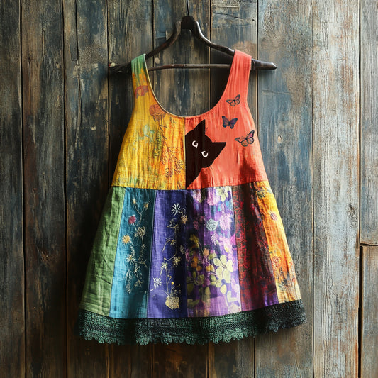 Vintage Abstract Creative Cute Black Cat With Floral Patchwork Art Print Women's Linen Tank Top artswardrobe