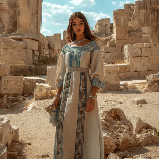 Retro Elegant Greek Key Crew Neck Linen Blend Maxi Dress artswardrobe