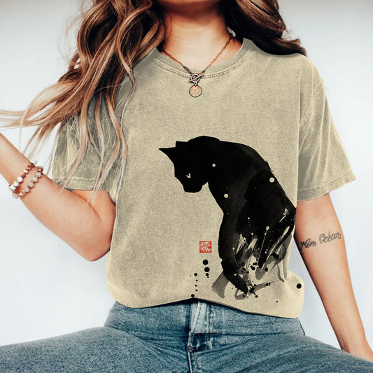Ink Cat Japanese Art Vintage T Shirt elevenforest