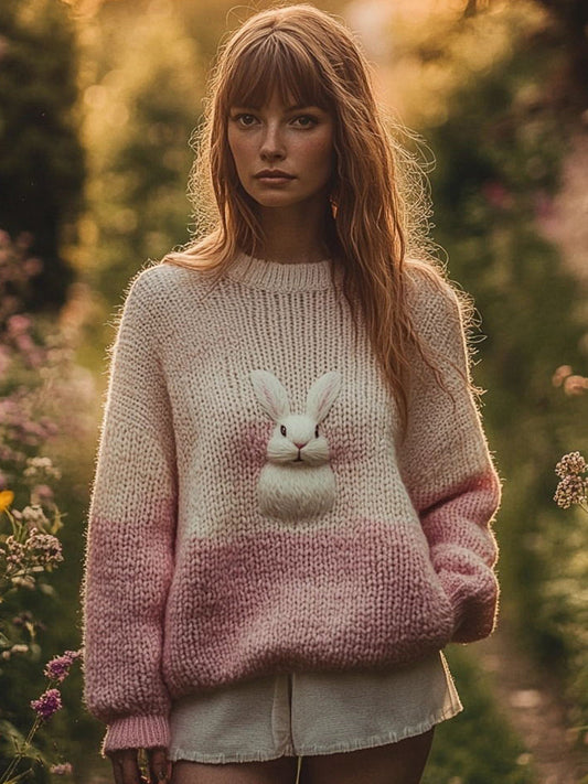 Women's Cute Bunny Pattern Gradient Color Cozy Knit Sweater elevenforest