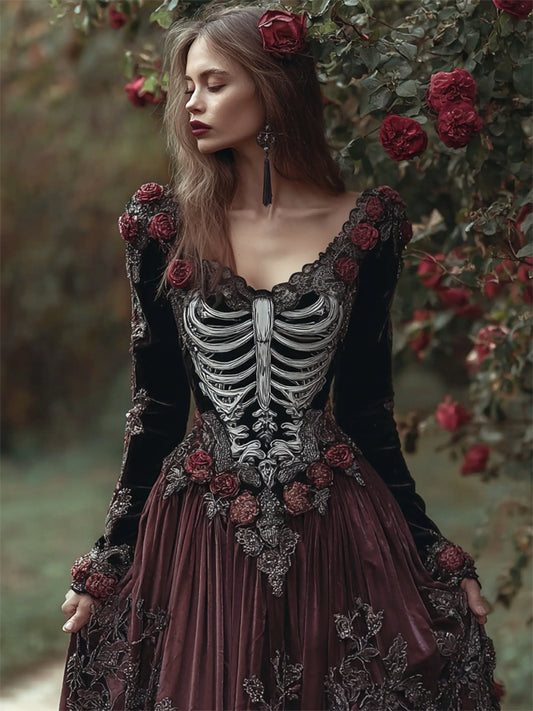 Comstylish Vintage Skeleton Red Roses Embroidered Contrast Velvet Maxi Dress