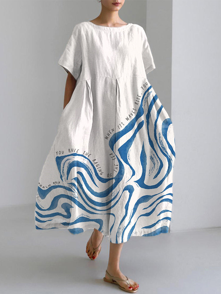 Comstylish Abstract Ocean Waves Christian Art Print Linen Blend Dress