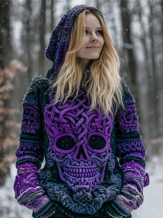 Viking Skull Pattern Women's Chunky Knit Hooded Sweater elevenforest