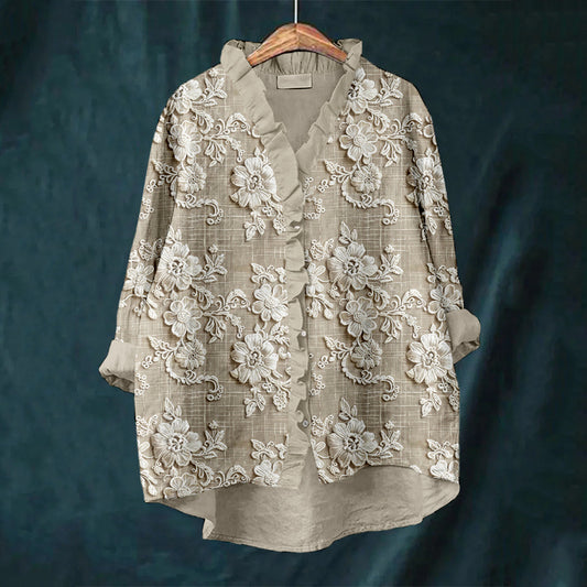 Vintage Floral Lace Embroidered Linen Ruffle Shirt artswardrobe
