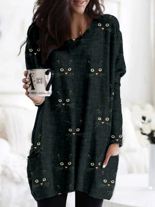 Comstylish Cute Cat Face Pattern Patch Pocket Comfy Tunic