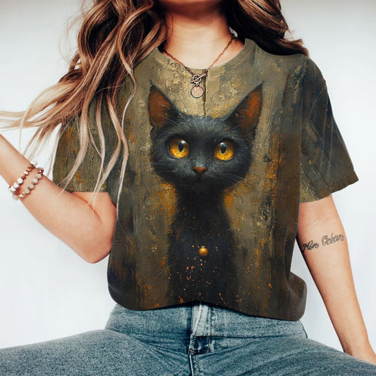 Abstract Creative Black Cat Painting Art T-Shirt elevenforest