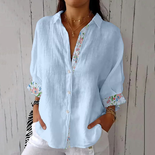 Comstylish Women's Vintage Oil Painting Floral Art Print Casual Linen Shirt