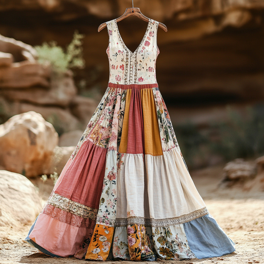 Comstylish Women's Vintage Bohemian Applique Art Cotton And Linen Dress