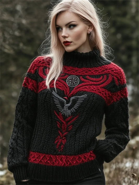Raven Viking Vegvisir Embroidered Celtic Contrast Cozy Chunky Sweater elevenforest