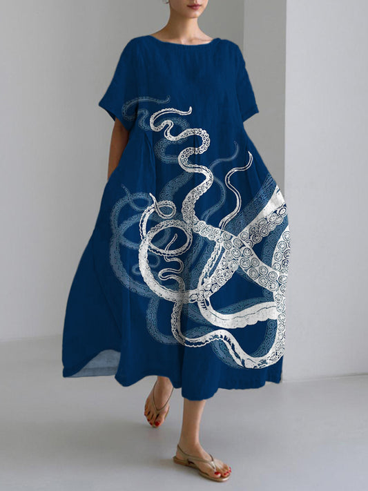 Comstylish Blue & White Octopus Tentacle Print Linen Blend Maxi Dress