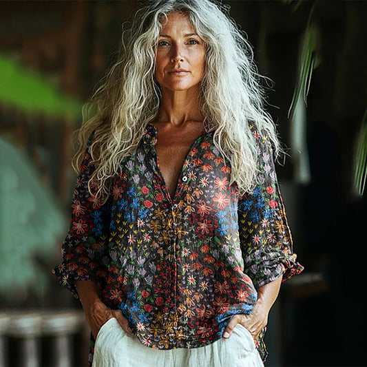 Bohemian Style Linen Colorful Floral Art Print  Long Sleeve Shirt artswardrobe