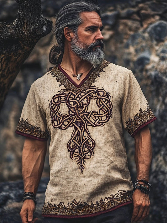 Celtic Mythology Tree Of Life Vintage Linen V-neck T-shirt artswardrobe