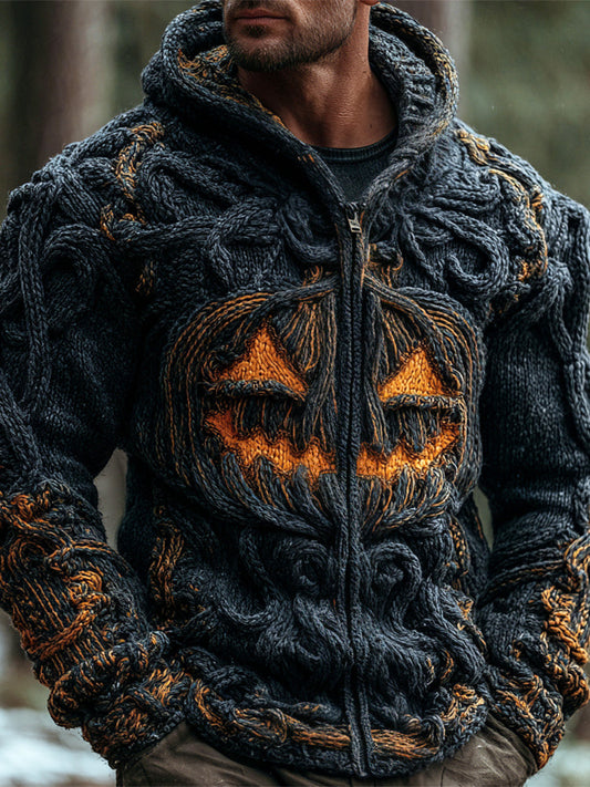 Halloween Pumpkin Emoji Men's Chunky Knit Full Zip Hooded Sweater elevenforest