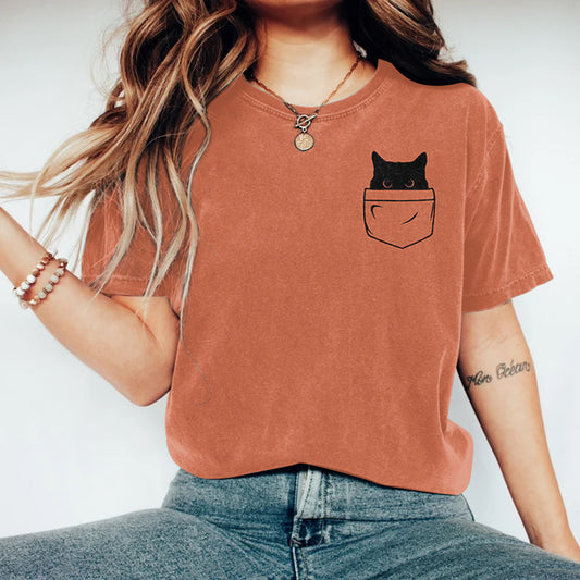 Comstylish Abstract Creative Pocket Black Cat Art Print T-shirt