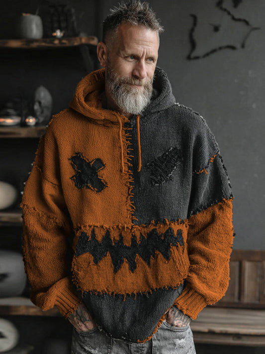 Men's Halloween Spooky Face Colorblock Stitched Hooded Cozy Knit Sweater elevenforest
