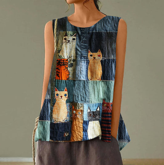 Comstylish Casual Pop Cat Patchwork Cotton Linen Tank Top