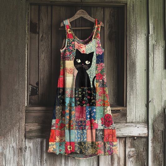 Vintage Cat Floral Patchwork Art Linen Blend Tank Dress elevenforest