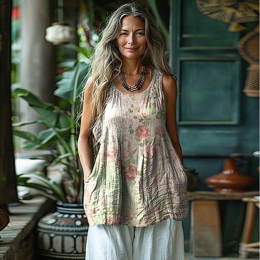 Comstylish Women's Vintage Floral Patch Cotton And Linen Sleeveless Tank Top