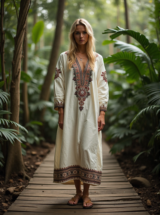 Vintage Bohemian Tribal Art Embroidery Print Cotton And Linen V Neck Linen Blend Dress artswardrobe